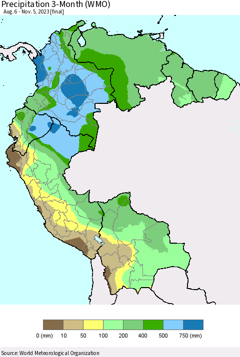 Northern South America Precipitation 3-Month (WMO) Thematic Map For 8/6/2023 - 11/5/2023
