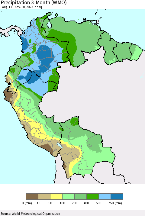 Northern South America Precipitation 3-Month (WMO) Thematic Map For 8/11/2023 - 11/10/2023