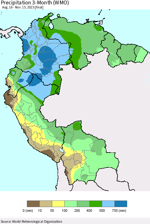 Northern South America Precipitation 3-Month (WMO) Thematic Map For 8/16/2023 - 11/15/2023