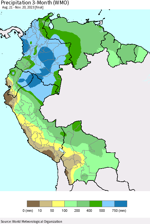 Northern South America Precipitation 3-Month (WMO) Thematic Map For 8/21/2023 - 11/20/2023