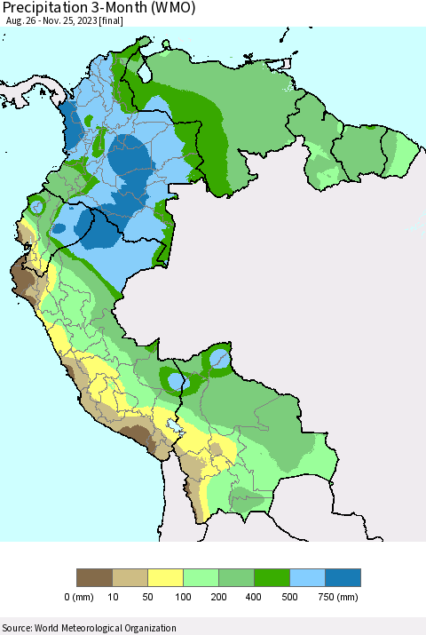 Northern South America Precipitation 3-Month (WMO) Thematic Map For 8/26/2023 - 11/25/2023