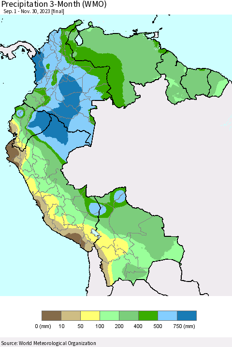 Northern South America Precipitation 3-Month (WMO) Thematic Map For 9/1/2023 - 11/30/2023