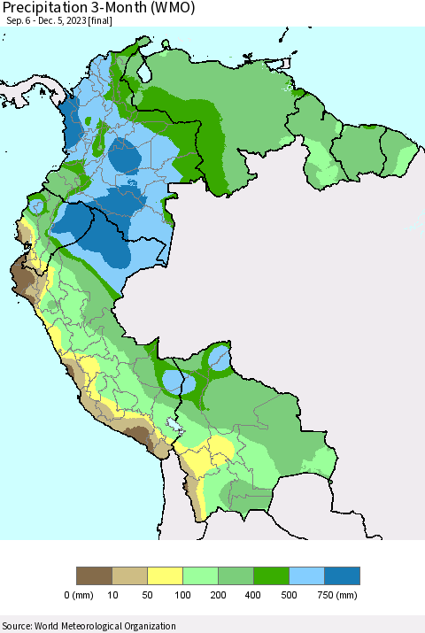 Northern South America Precipitation 3-Month (WMO) Thematic Map For 9/6/2023 - 12/5/2023