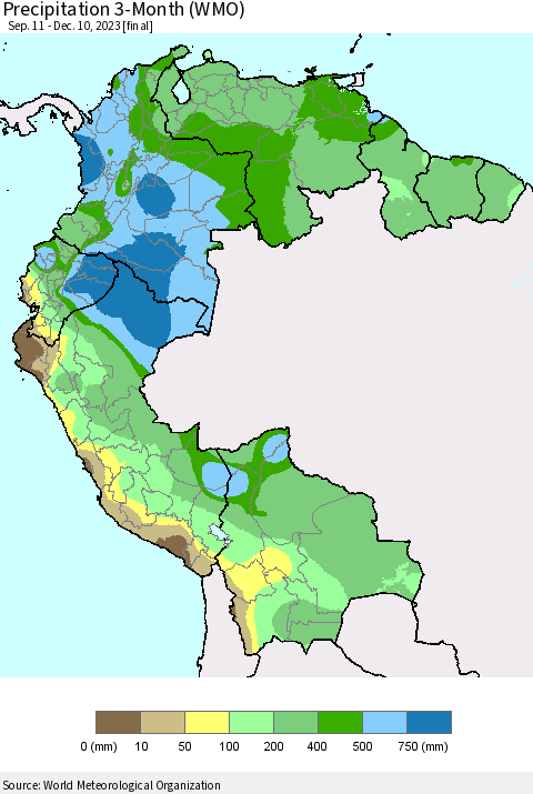 Northern South America Precipitation 3-Month (WMO) Thematic Map For 9/11/2023 - 12/10/2023