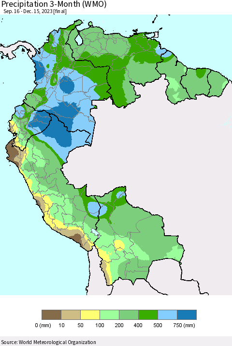 Northern South America Precipitation 3-Month (WMO) Thematic Map For 9/16/2023 - 12/15/2023