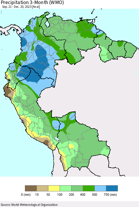 Northern South America Precipitation 3-Month (WMO) Thematic Map For 9/21/2023 - 12/20/2023