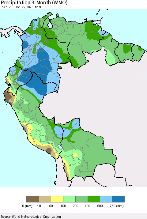 Northern South America Precipitation 3-Month (WMO) Thematic Map For 9/26/2023 - 12/25/2023