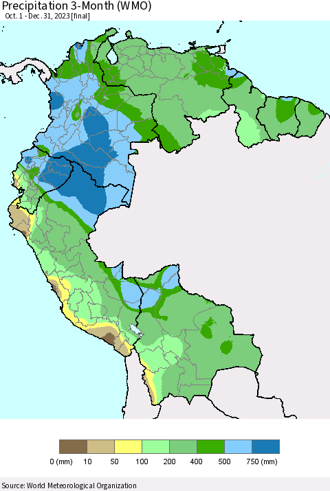 Northern South America Precipitation 3-Month (WMO) Thematic Map For 10/1/2023 - 12/31/2023