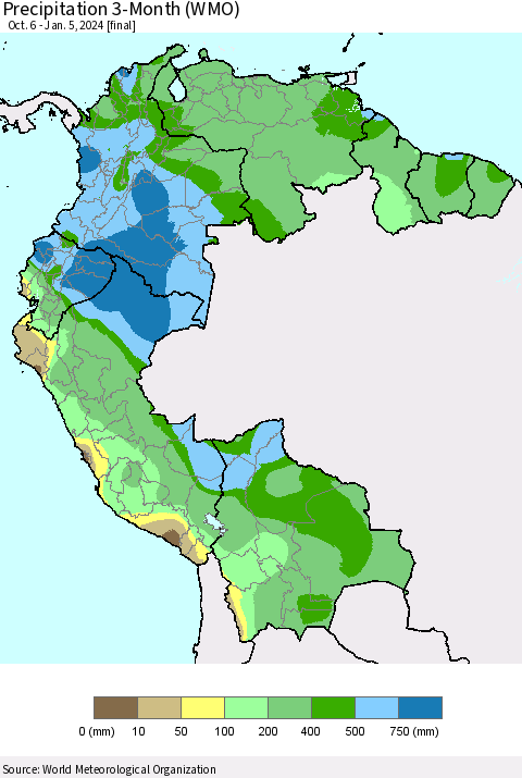 Northern South America Precipitation 3-Month (WMO) Thematic Map For 10/6/2023 - 1/5/2024