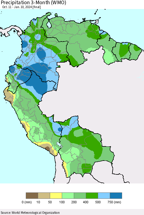Northern South America Precipitation 3-Month (WMO) Thematic Map For 10/11/2023 - 1/10/2024