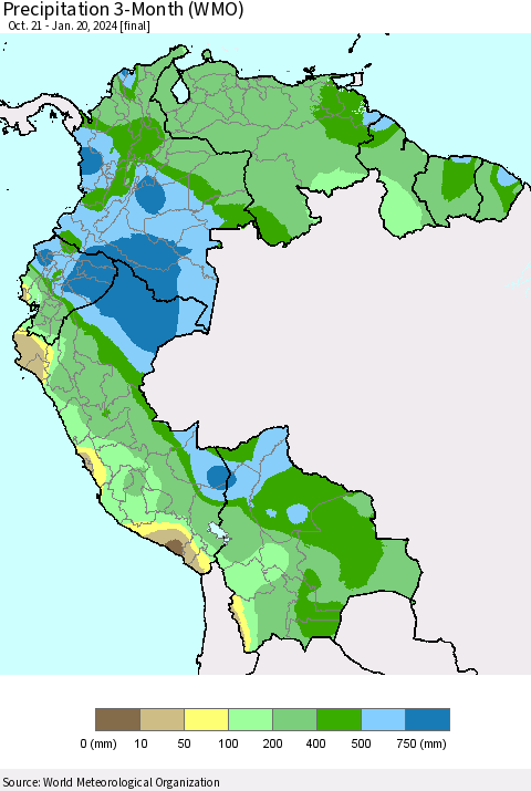 Northern South America Precipitation 3-Month (WMO) Thematic Map For 10/21/2023 - 1/20/2024