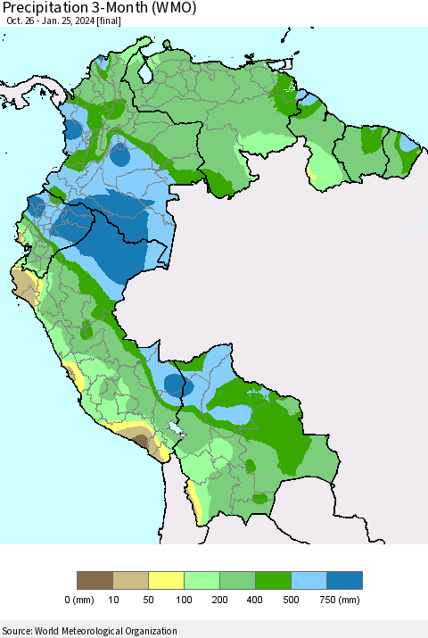 Northern South America Precipitation 3-Month (WMO) Thematic Map For 10/26/2023 - 1/25/2024