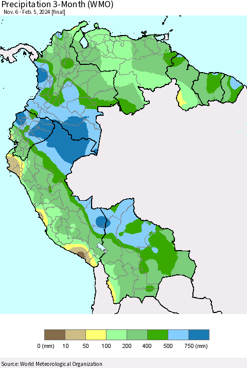 Northern South America Precipitation 3-Month (WMO) Thematic Map For 11/6/2023 - 2/5/2024