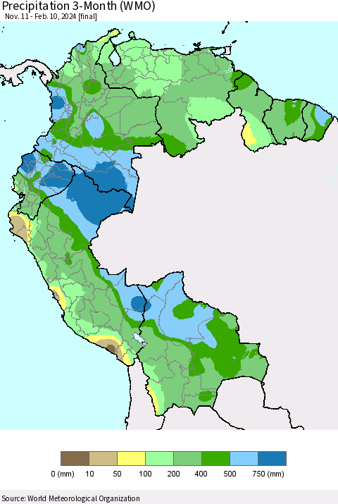 Northern South America Precipitation 3-Month (WMO) Thematic Map For 11/11/2023 - 2/10/2024
