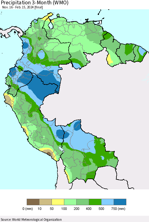 Northern South America Precipitation 3-Month (WMO) Thematic Map For 11/16/2023 - 2/15/2024