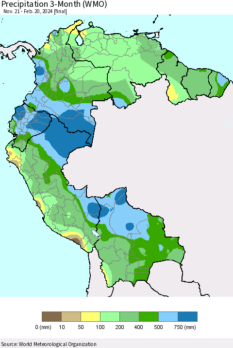 Northern South America Precipitation 3-Month (WMO) Thematic Map For 11/21/2023 - 2/20/2024