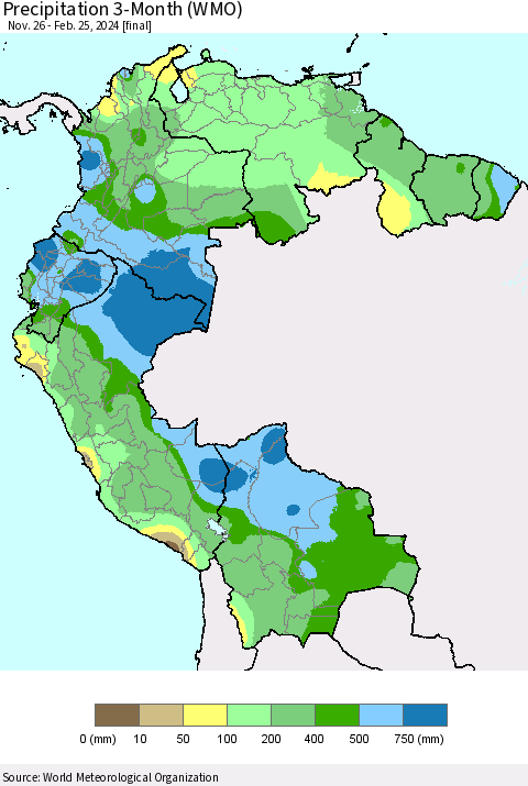 Northern South America Precipitation 3-Month (WMO) Thematic Map For 11/26/2023 - 2/25/2024