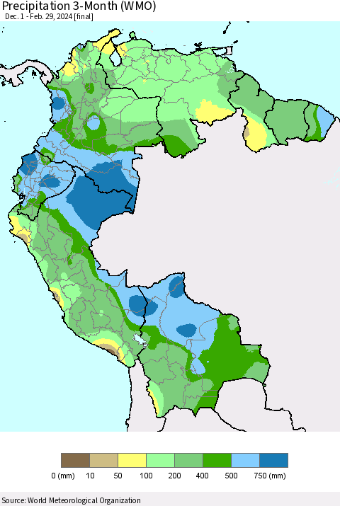 Northern South America Precipitation 3-Month (WMO) Thematic Map For 12/1/2023 - 2/29/2024