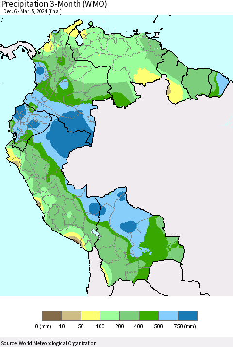 Northern South America Precipitation 3-Month (WMO) Thematic Map For 12/6/2023 - 3/5/2024