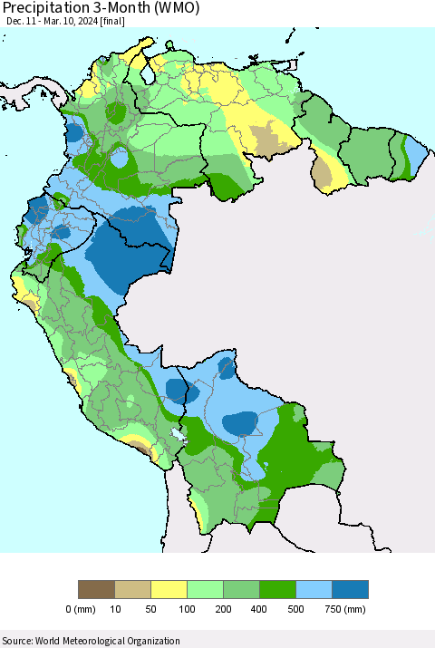 Northern South America Precipitation 3-Month (WMO) Thematic Map For 12/11/2023 - 3/10/2024