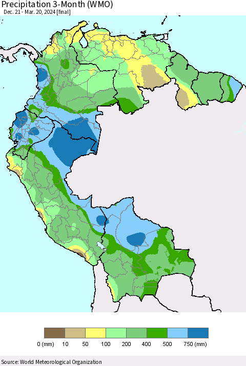 Northern South America Precipitation 3-Month (WMO) Thematic Map For 12/21/2023 - 3/20/2024