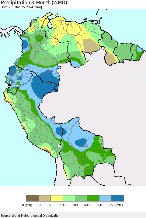 Northern South America Precipitation 3-Month (WMO) Thematic Map For 12/26/2023 - 3/25/2024