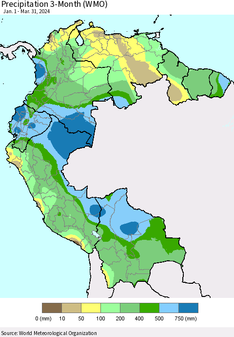 Northern South America Precipitation 3-Month (WMO) Thematic Map For 1/1/2024 - 3/31/2024