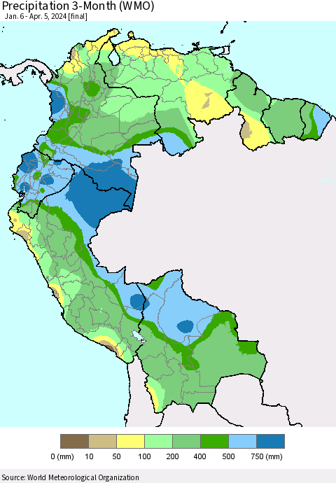 Northern South America Precipitation 3-Month (WMO) Thematic Map For 1/6/2024 - 4/5/2024