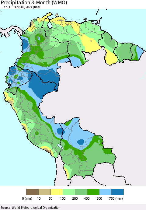 Northern South America Precipitation 3-Month (WMO) Thematic Map For 1/11/2024 - 4/10/2024