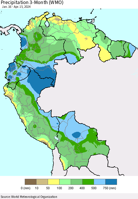 Northern South America Precipitation 3-Month (WMO) Thematic Map For 1/16/2024 - 4/15/2024