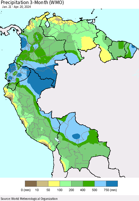 Northern South America Precipitation 3-Month (WMO) Thematic Map For 1/21/2024 - 4/20/2024