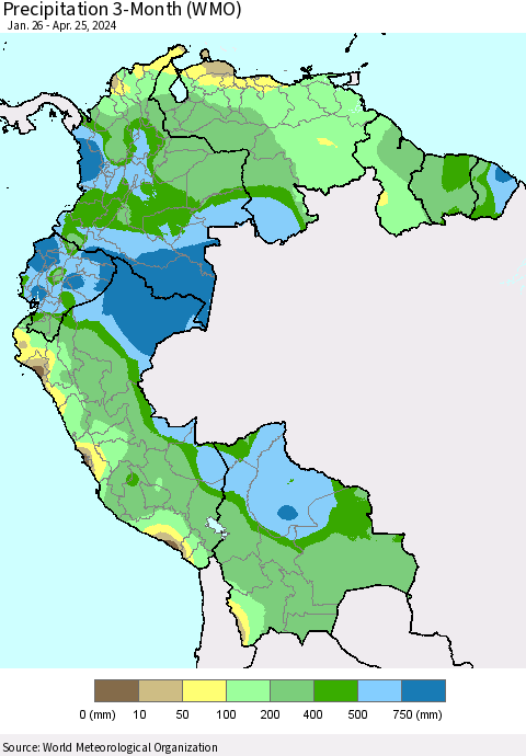 Northern South America Precipitation 3-Month (WMO) Thematic Map For 1/26/2024 - 4/25/2024