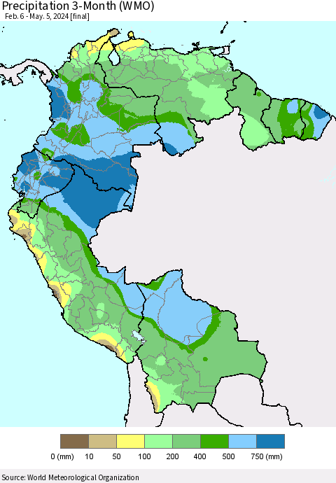 Northern South America Precipitation 3-Month (WMO) Thematic Map For 2/6/2024 - 5/5/2024