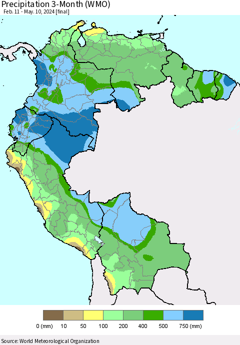 Northern South America Precipitation 3-Month (WMO) Thematic Map For 2/11/2024 - 5/10/2024