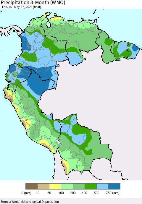 Northern South America Precipitation 3-Month (WMO) Thematic Map For 2/16/2024 - 5/15/2024