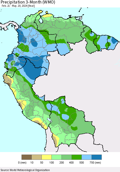 Northern South America Precipitation 3-Month (WMO) Thematic Map For 2/21/2024 - 5/20/2024
