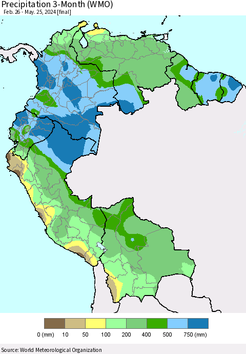 Northern South America Precipitation 3-Month (WMO) Thematic Map For 2/26/2024 - 5/25/2024