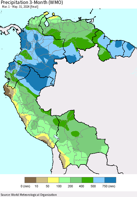 Northern South America Precipitation 3-Month (WMO) Thematic Map For 3/1/2024 - 5/31/2024