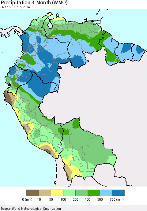 Northern South America Precipitation 3-Month (WMO) Thematic Map For 3/6/2024 - 6/5/2024
