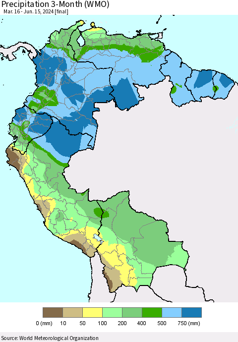 Northern South America Precipitation 3-Month (WMO) Thematic Map For 3/16/2024 - 6/15/2024