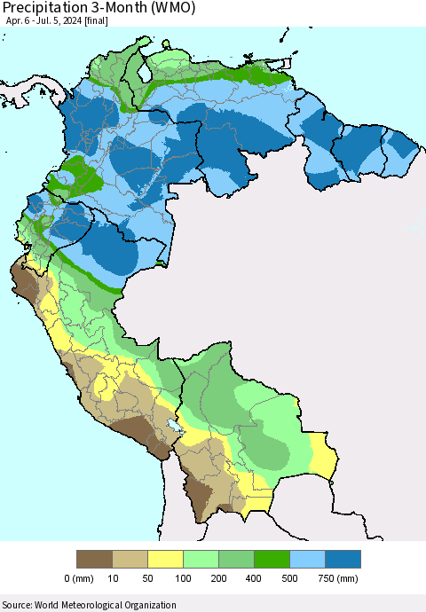 Northern South America Precipitation 3-Month (WMO) Thematic Map For 4/6/2024 - 7/5/2024