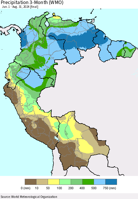 Northern South America Precipitation 3-Month (WMO) Thematic Map For 6/1/2024 - 8/31/2024