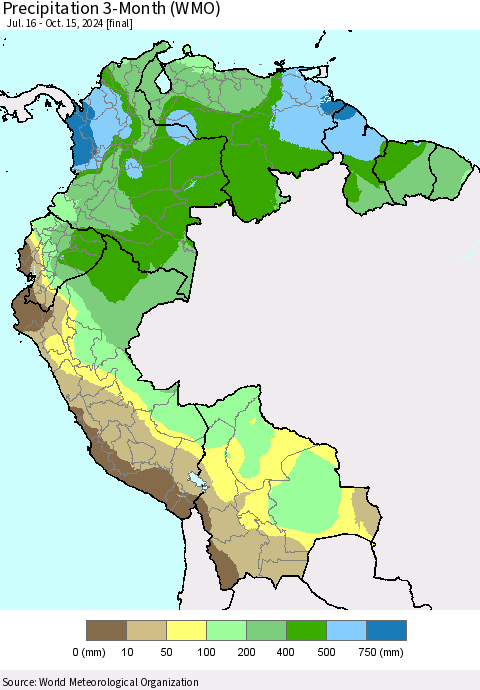 Northern South America Precipitation 3-Month (WMO) Thematic Map For 7/16/2024 - 10/15/2024