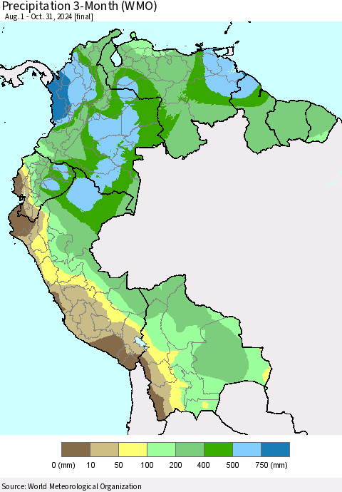 Northern South America Precipitation 3-Month (WMO) Thematic Map For 8/1/2024 - 10/31/2024