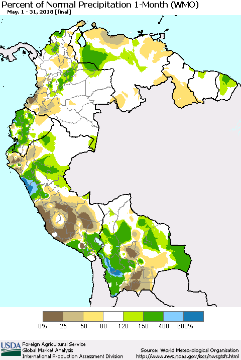 Northern South America Percent of Normal Precipitation 1-Month (WMO) Thematic Map For 5/1/2018 - 5/31/2018