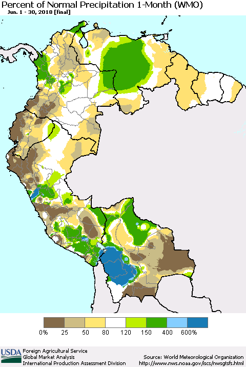 Northern South America Percent of Normal Precipitation 1-Month (WMO) Thematic Map For 6/1/2018 - 6/30/2018