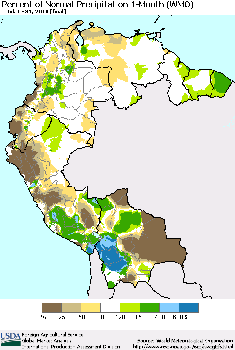 Northern South America Percent of Normal Precipitation 1-Month (WMO) Thematic Map For 7/1/2018 - 7/31/2018