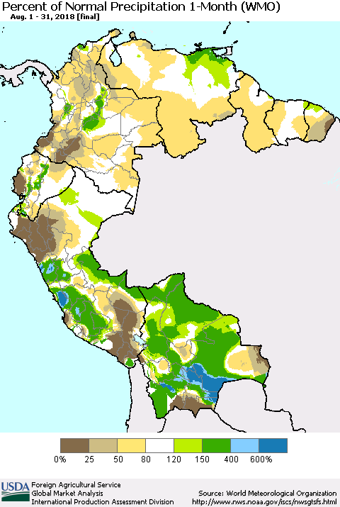 Northern South America Percent of Normal Precipitation 1-Month (WMO) Thematic Map For 8/1/2018 - 8/31/2018