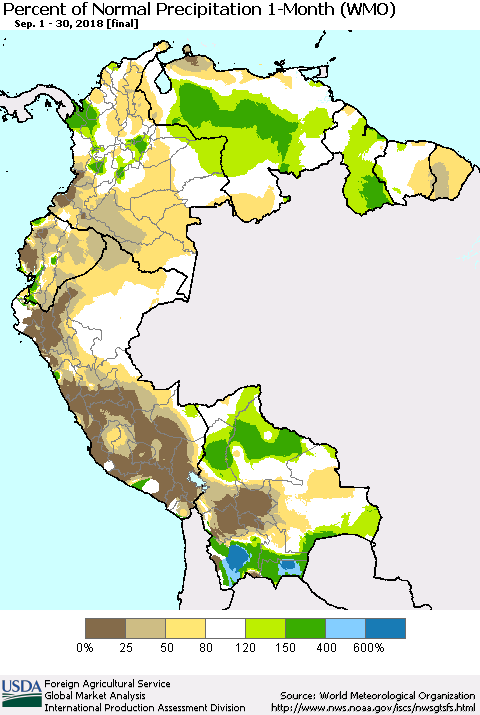 Northern South America Percent of Normal Precipitation 1-Month (WMO) Thematic Map For 9/1/2018 - 9/30/2018