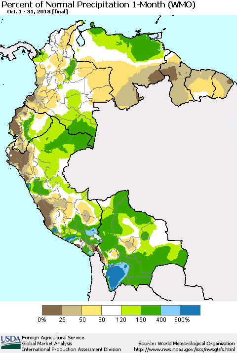 Northern South America Percent of Normal Precipitation 1-Month (WMO) Thematic Map For 10/1/2018 - 10/31/2018
